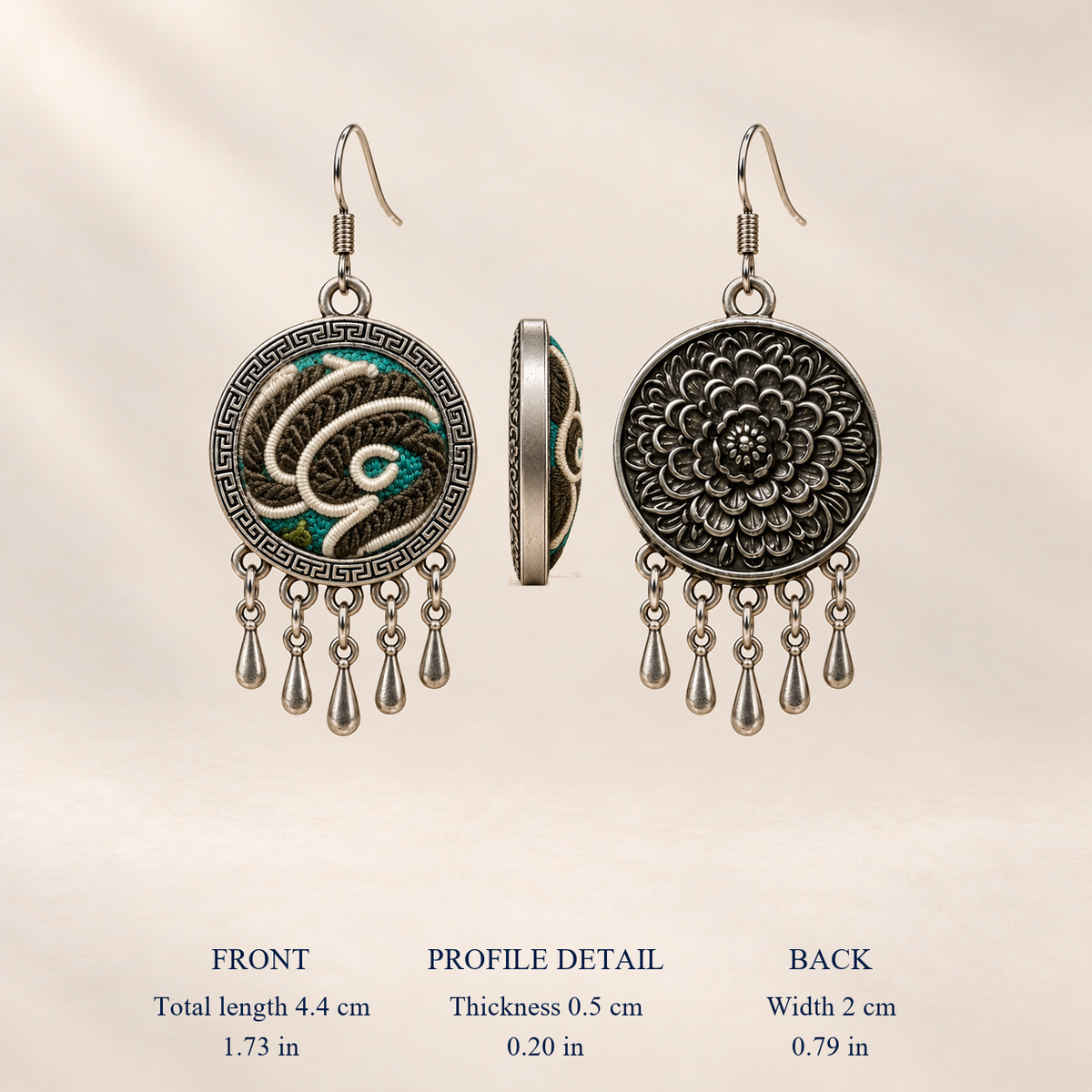 Teal Reverie full front and back views with shell profile detail, labeled 4.4 cm including hook, 2 cm wide and 0.5 cm thick.