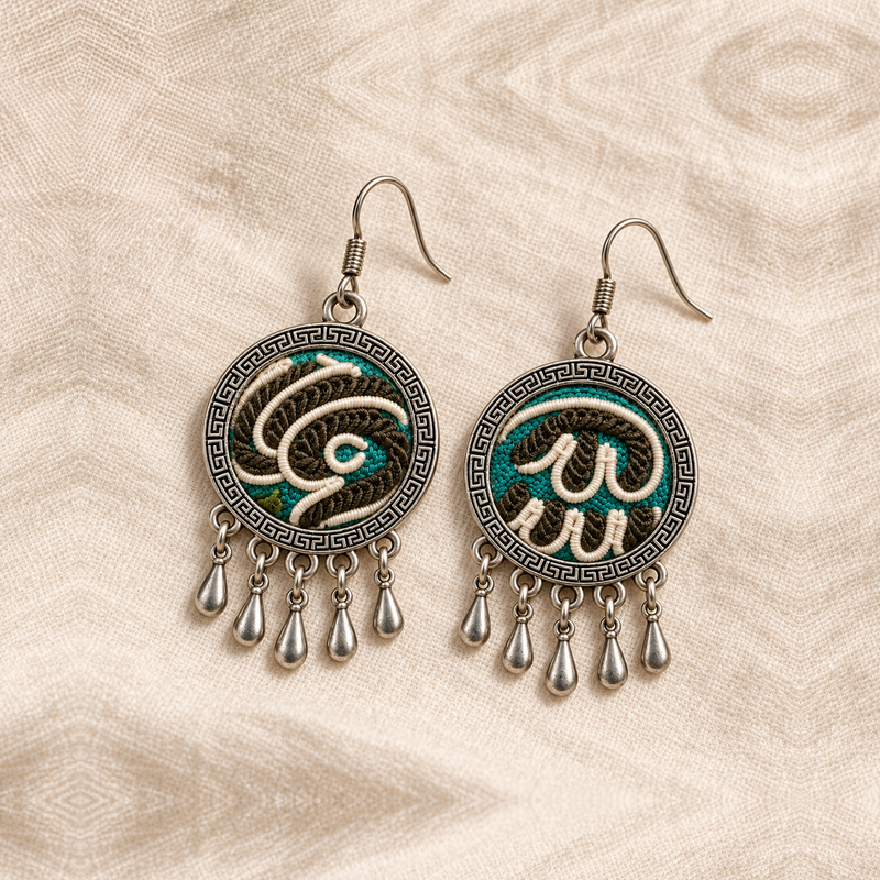 Both Teal Reverie embroidered fronts face upward on cream woven cloth, showing their distinct pale curving outlines and five short teardrops each.
