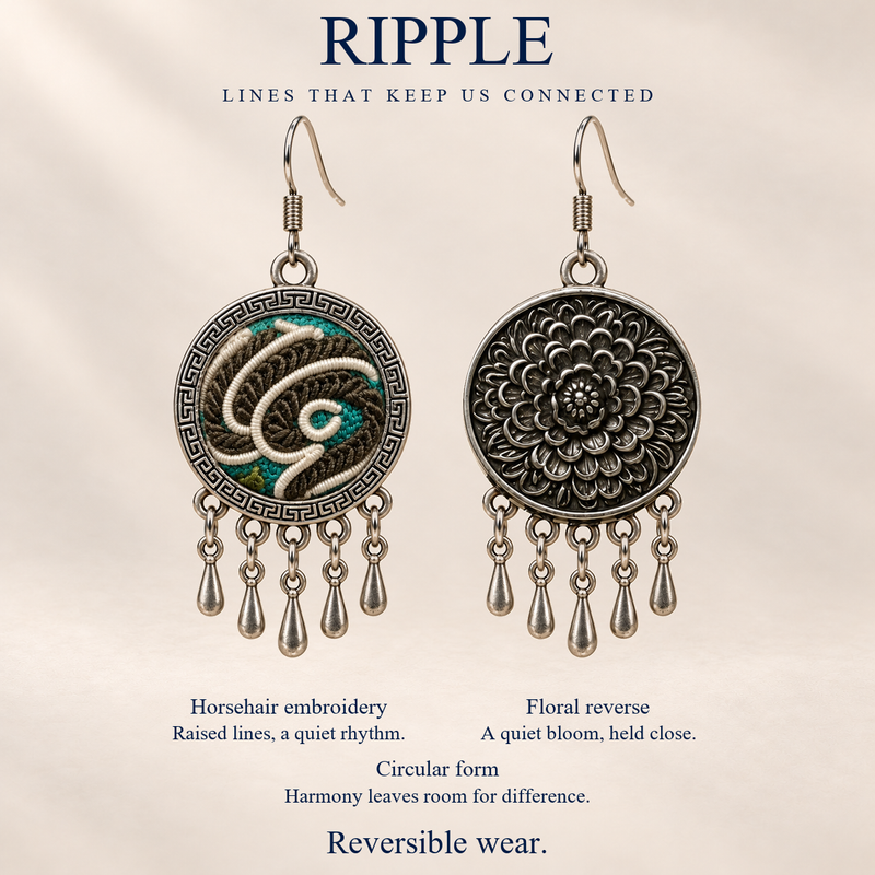 Teal Reverie design card showing Horsehair Embroidery, floral reverse, circular form and reversible wear, under Lines That Keep Us Connected.