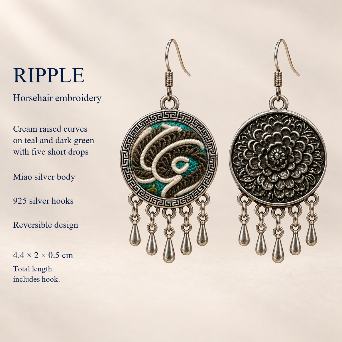 Teal Reverie detail card with embroidered front, floral reverse, five short drops, 925 silver hooks and 4.4 by 2 by 0.5 cm dimensions including hook.