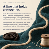 Horsehair Embroidery culture illustration with pale wrapped cord on teal cloth, a dark coiled cord, needle and cream thread spool beside explanatory text.