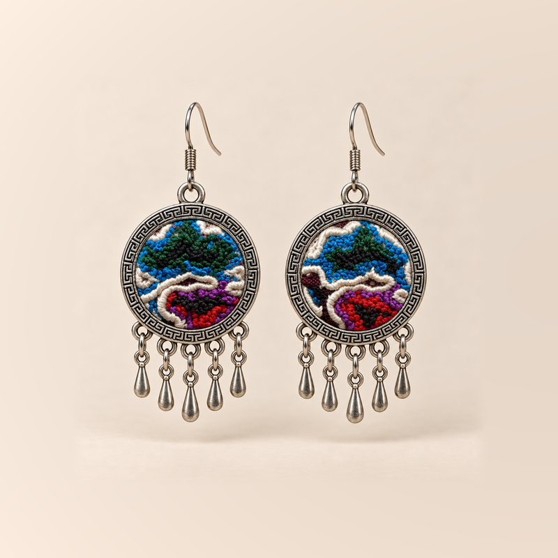 Chromatic Accord Knotted Embroidery earrings with blue-green upper forms, red and purple below, pale curved outlines and five short teardrops.