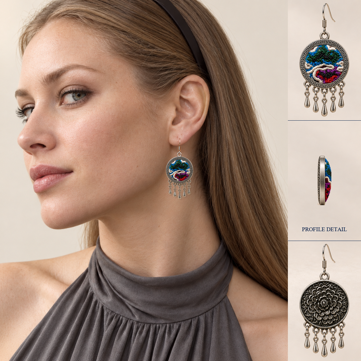 Model wearing Chromatic Accord earrings with long straight hair, a thin headband and gray halter top, beside front, back and shell profile detail.