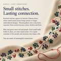 Knot embroidery culture illustration with blue, green, red and purple raised knots along pale stitched stems on cream cloth, beside a needle and red thread.