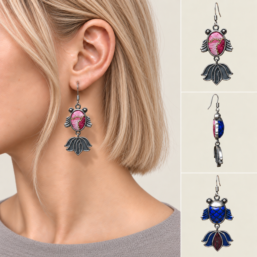 Rose Harmony handmade fish earrings, worn detail and front side reverse views