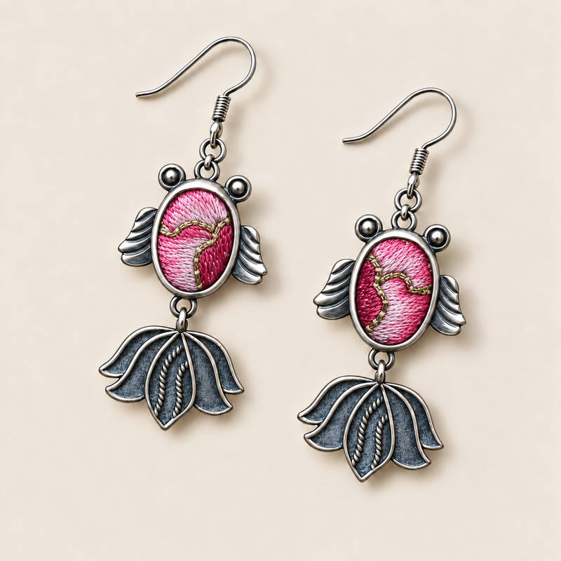 Rose Harmony handmade fish earrings, front flat lay
