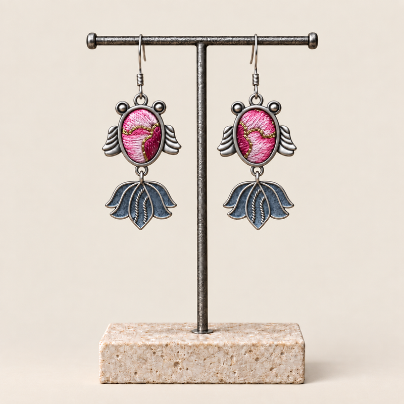 Rose Harmony handmade fish earrings, display