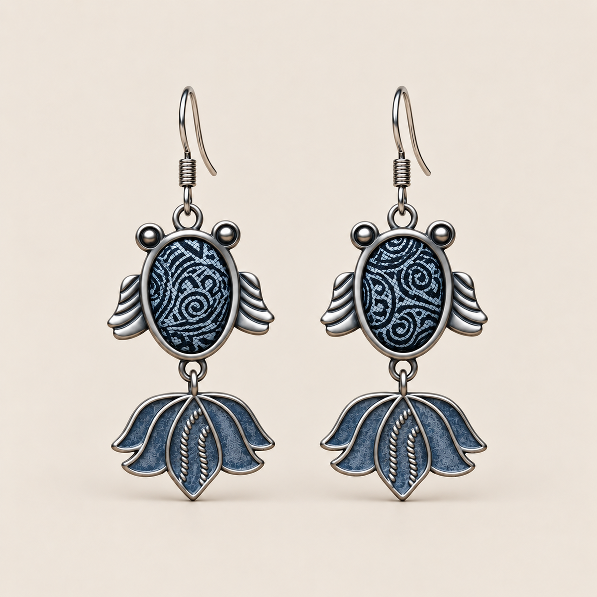 SAYRUE CURRENT reversible fish earrings, batik front view