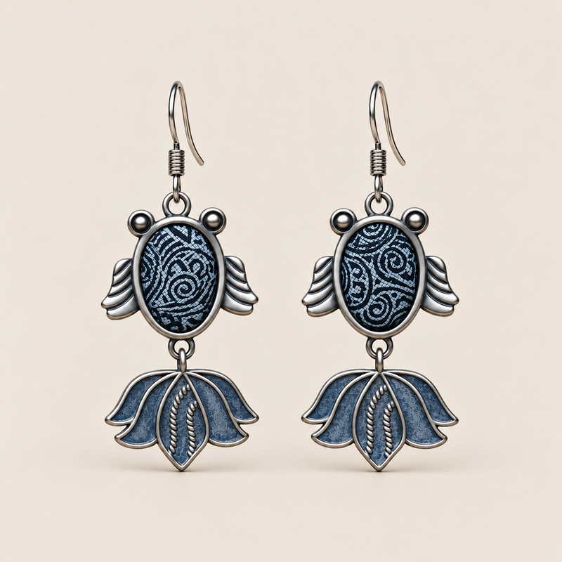 SAYRUE CURRENT reversible fish earrings, batik front view
