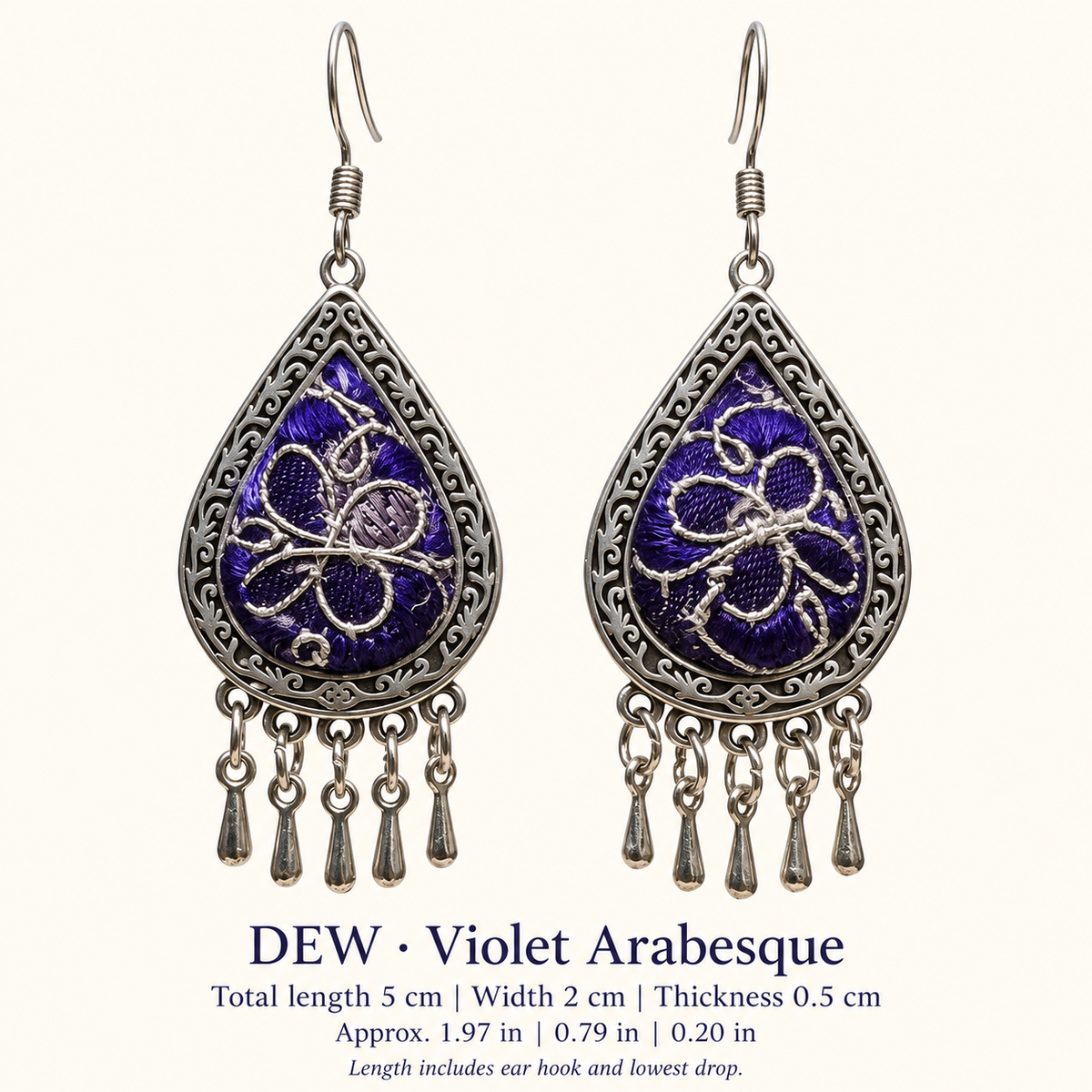 DEW-L Violet Arabesque real-photo earrings: total length including ear hook and lowest drop 5 cm (1.97 in), width 2 cm (0.79 in), thickness 0.5 cm (0.20 in).