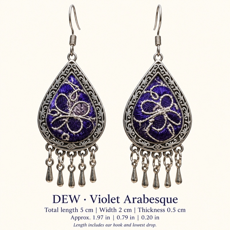 DEW-L Violet Arabesque real-photo earrings: total length including ear hook and lowest drop 5 cm (1.97 in), width 2 cm (0.79 in), thickness 0.5 cm (0.20 in).