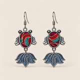 Scarlet Reverie handmade fish earrings with red and teal Horsehair Embroidery, front view
