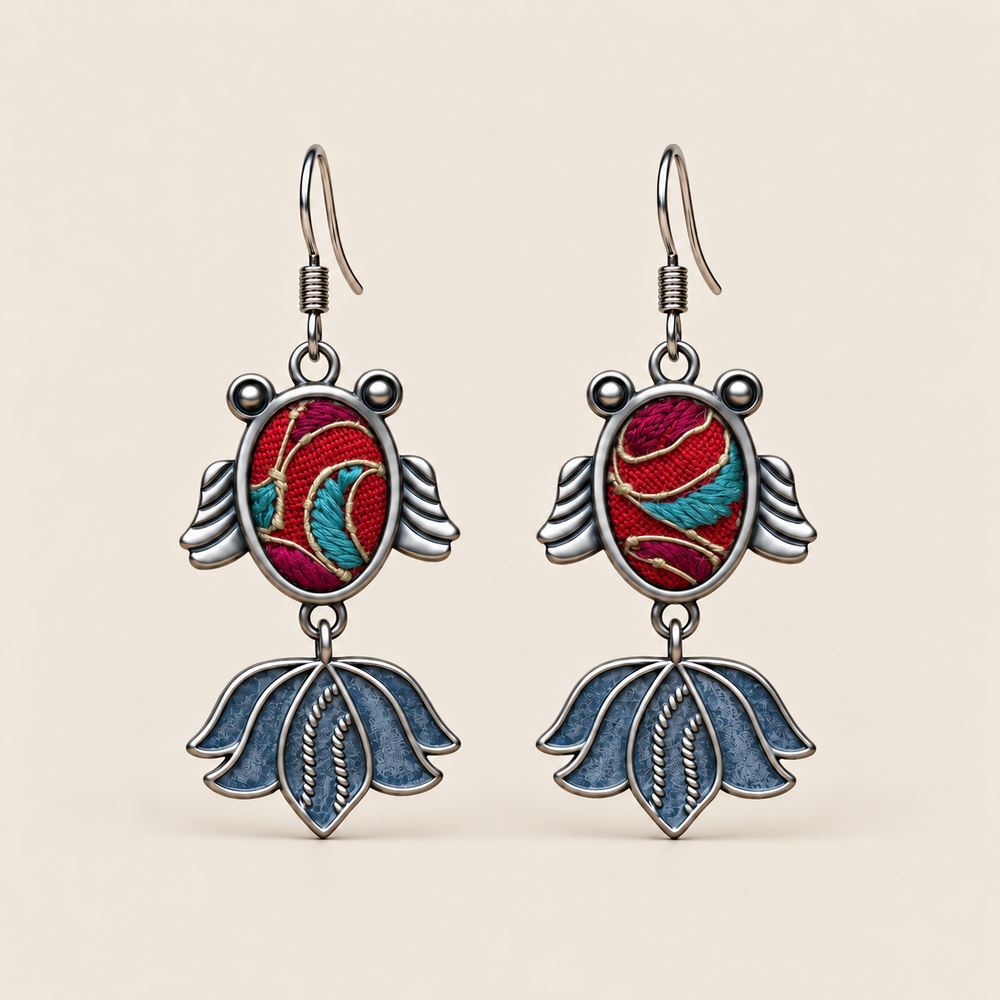 Scarlet Reverie handmade fish earrings with red and teal Horsehair Embroidery, front view