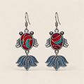 Scarlet Reverie handmade fish earrings with red and teal Horsehair Embroidery, front view