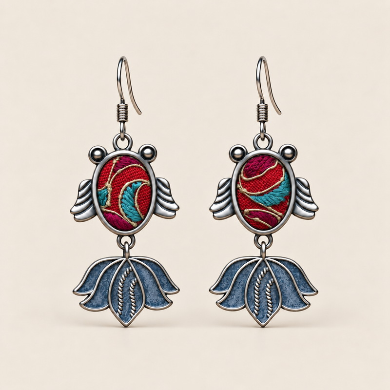 Scarlet Reverie handmade fish earrings with red and teal Horsehair Embroidery, front view