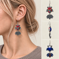 Scarlet Reverie handmade fish earrings, worn detail and front side reverse views