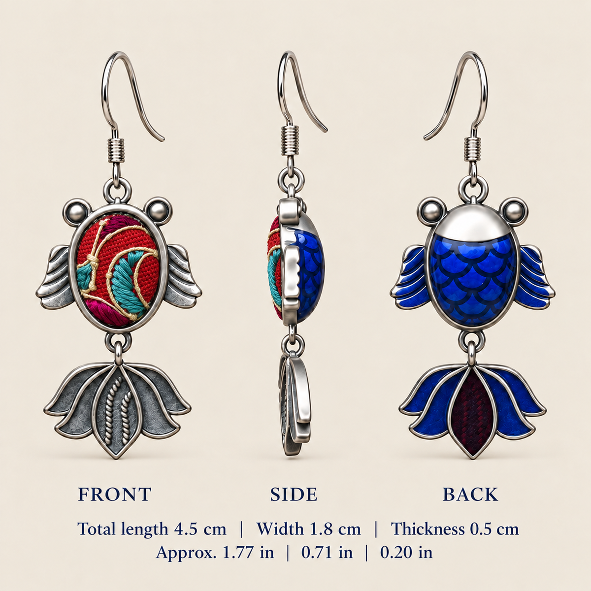 Scarlet Reverie handmade fish earrings, dimensions