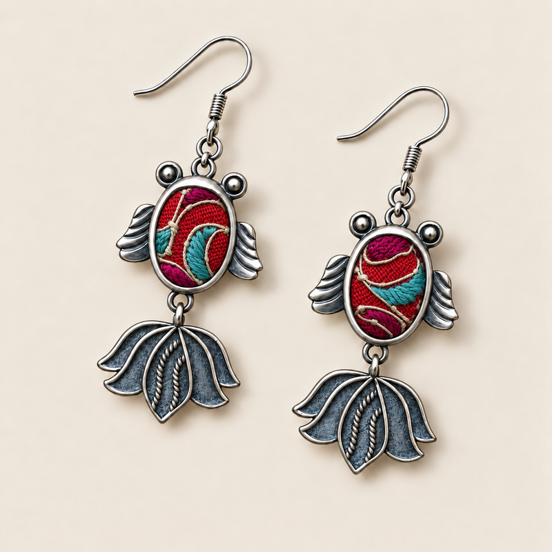 Scarlet Reverie handmade fish earrings, front flat lay