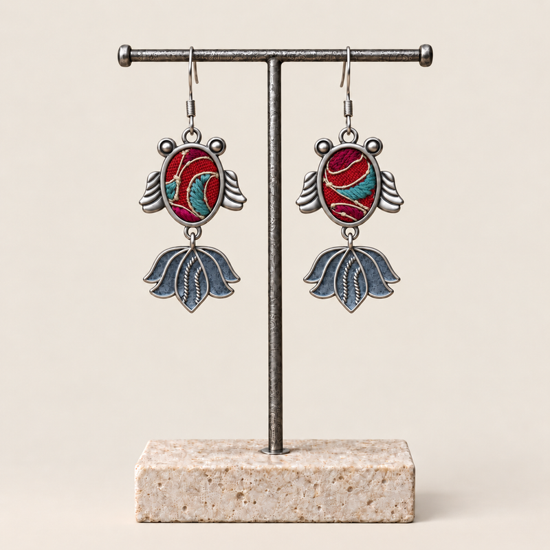 Scarlet Reverie handmade fish earrings, display